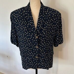 Vintage Norton McNaughton 14P Dark Blue Floral Blazer Jacket Shoulder Pads
